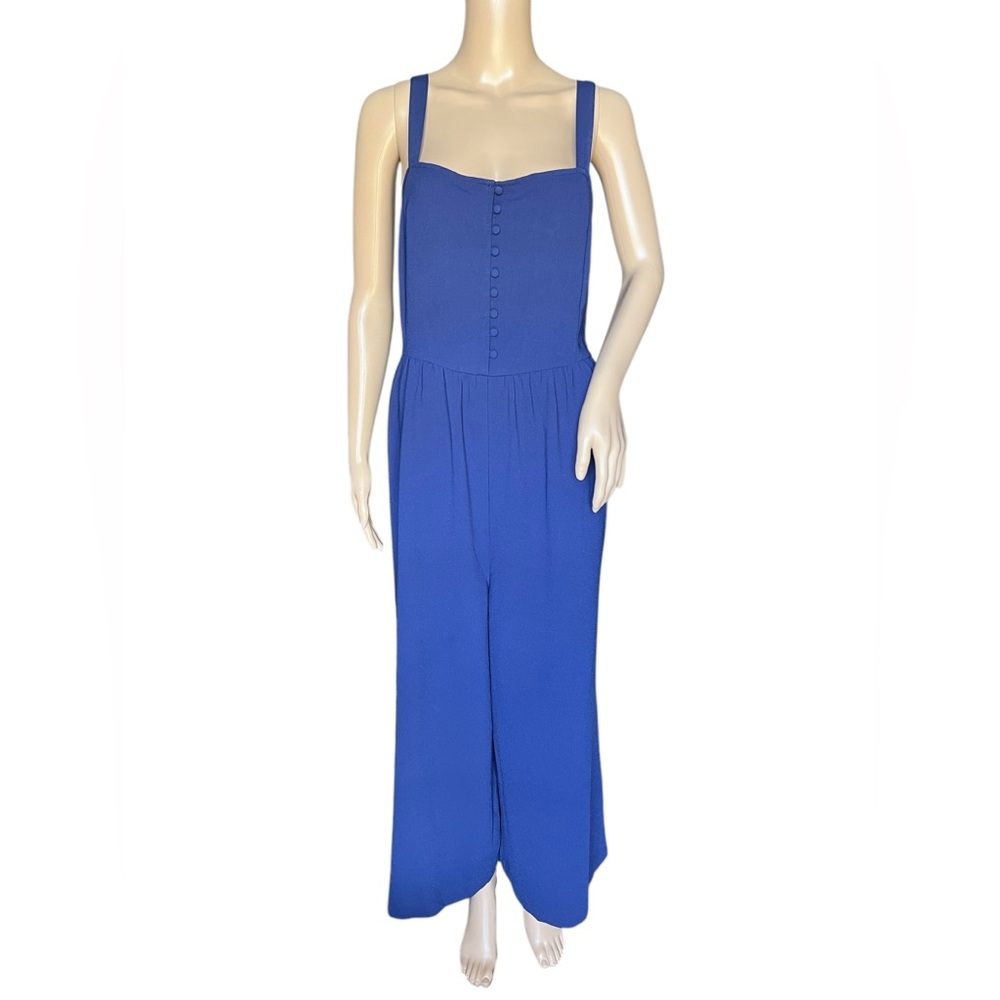 Madewell Jumpsuit Womens Blue Wide Leg Crop Smocked Button Front Size 12